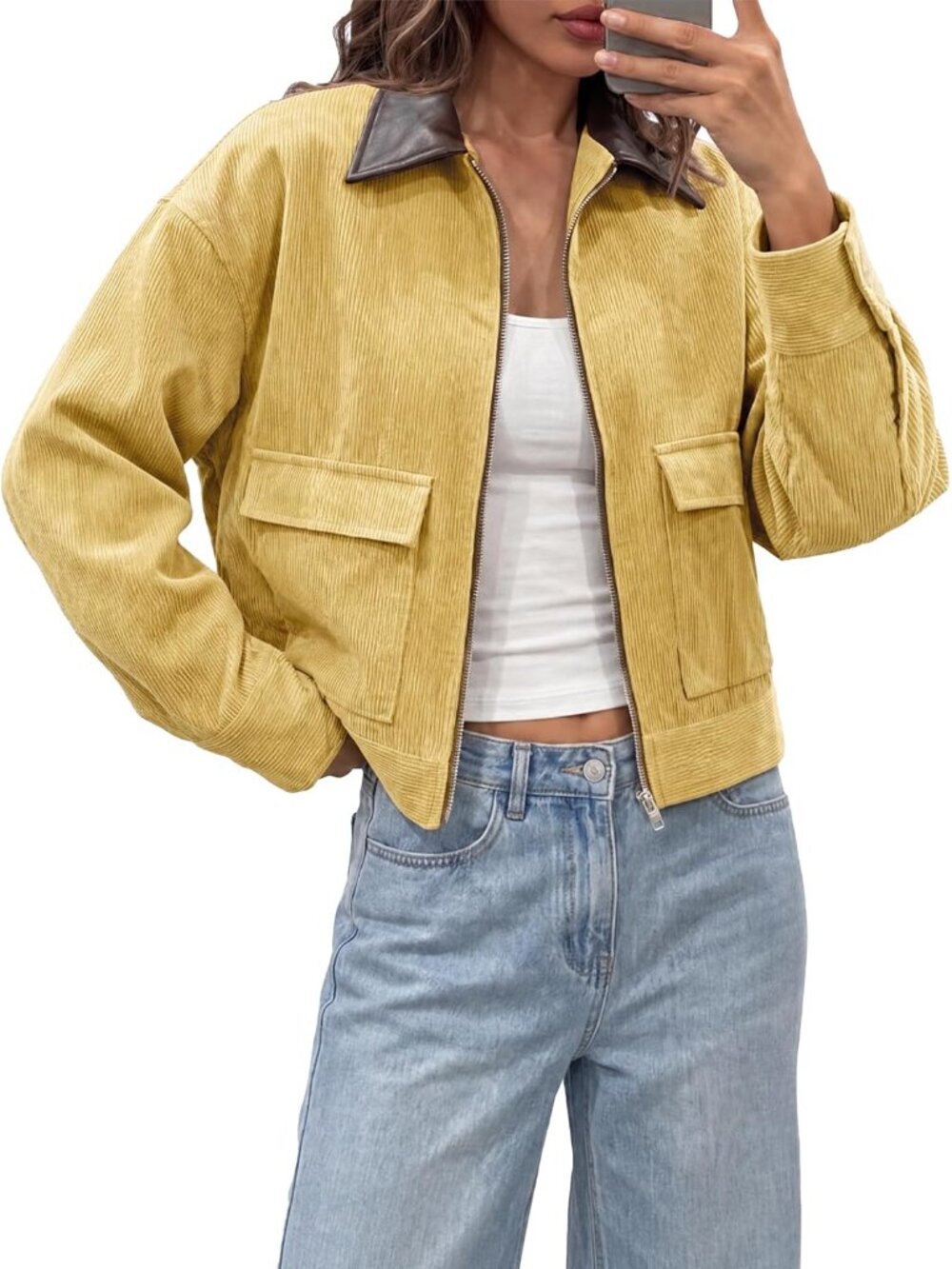 Womens Cropped Corduroy Jackets Oversized Zip Up Barn Bomber Coat